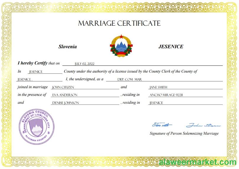 Slovenia marriage certificate Word and PDF template